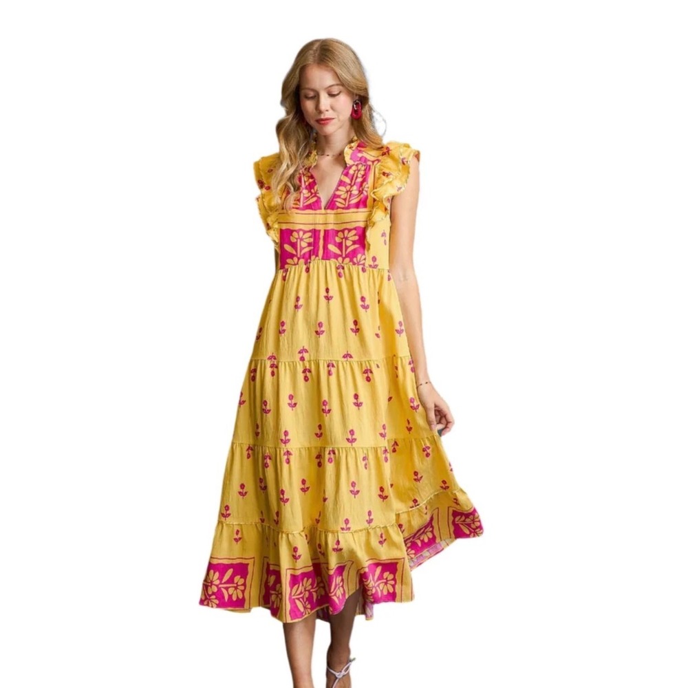 Umgee Yellow Pink Floral Tiered Maxi Dress Ruffle V-Neck A1752 Womens L NEW